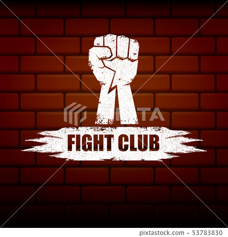 fight club vector logo or label with grunge black man fist isolated on brick wall background. MMA 53783830