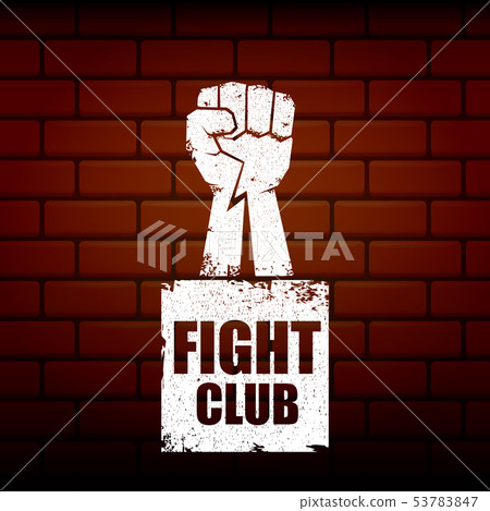 fight club vector logo or label with grunge black man fist isolated on brick wall background. MMA 53783847