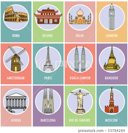 Set icons or cards.- Famous attractions of the world.  53784284