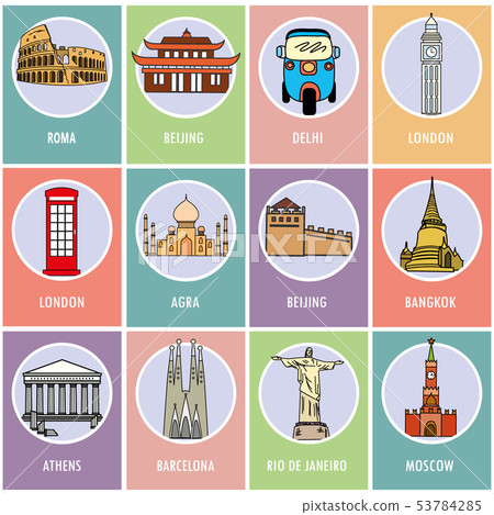 Set icons or cards.- Famous attractions of the world.  53784285