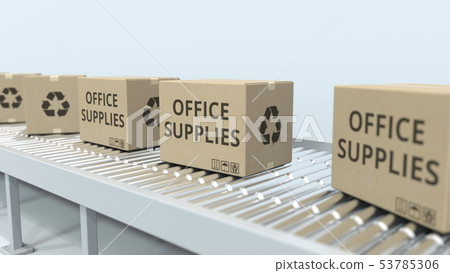 Cartons with office supplies on roller conveyor. 3D rendering 53785306