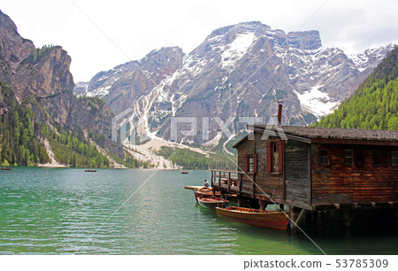 Landscape of Lago di Braies, lake in Italy 53785309