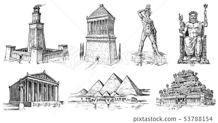 Seven Wonders of the Ancient World. Pyramid of Giza, Hanging Gardens of Babylon, Temple of Artemis 53788154