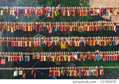 Love locks on the bridge at old harbor. Luneburg. Love locks on the bridge at old harbor. Luneburg. 53790970