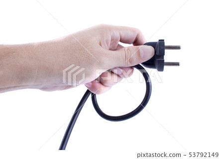 Hand holding Black electrical plug  53792149