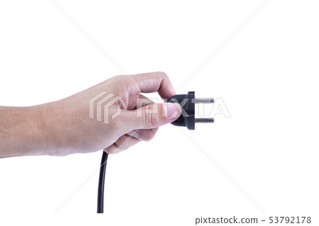 Hand holding Black electrical plug 53792178