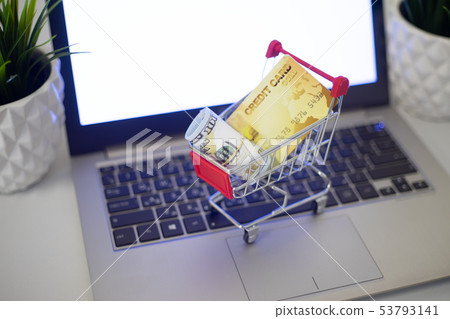 Online shopping concept. A cart with money and a Online shopping concept. A cart with money and a 53793141