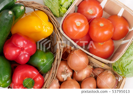close up of tomatoes, peppers and onions close up of tomatoes, peppers and onions 53795013
