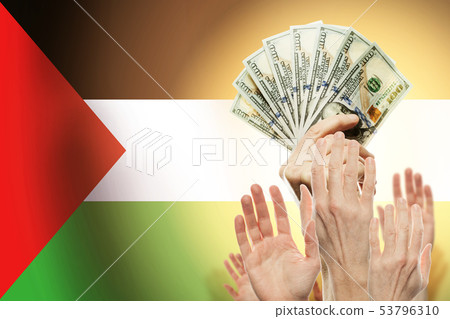 People raising hands with dollars and flag 53796310