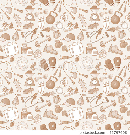 Seamless background with cartoon fitness and healthy lifestyle doodles 53797608