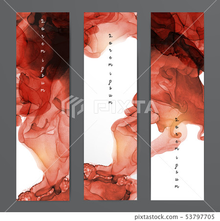 Three red banners with abstract alcohole ink painting on white background with place for your text. 53797705