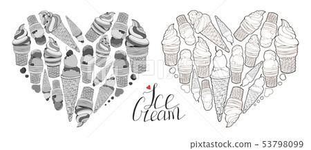 Set of vector elements. Heart made of hand drawn ice creams in waffle cones. Lettering.Calligraphy Set of vector elements. Heart made of hand drawn ice creams in waffle cones. Lettering.Calligraphy 53798099