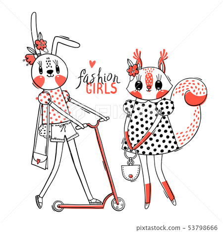 Cute card with best friends. Baby bunny and squirrel in fashionable clothes. Kawaii animal. Can be 53798666