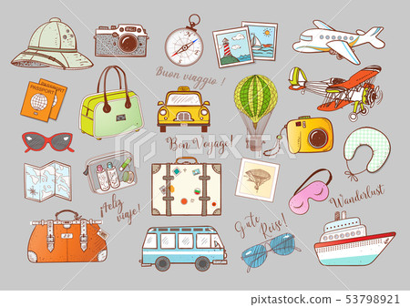 Colored travel doodles on grey background.... - Stock Illustration  [53798921] - PIXTA