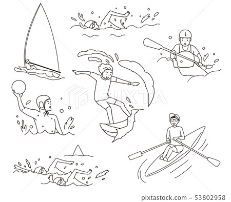 Yacht, swimming, water polo, distance swimming, canoeing, surfing Olympic water aquatic competition line drawing illustration set 53802958