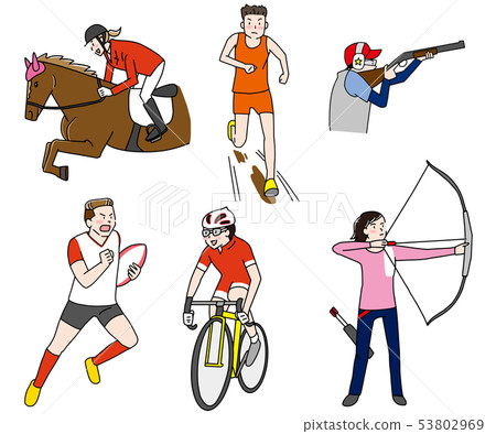 騎馬,土地,射擊,橄欖球,公路自行車,射箭奧運場比賽插圖集 騎馬,土地,射擊,橄欖球,公路自行車,射箭奧運場比賽插圖集 53802969