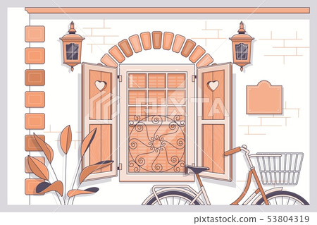 Bicycle with flowers near provence style house.Line vector illustration Bicycle with flowers near provence style house.Line vector illustration 53804319