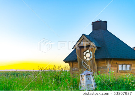 Hut countryside sunset landscape fairy tale image Hut countryside sunset landscape fairy tale image 53807987