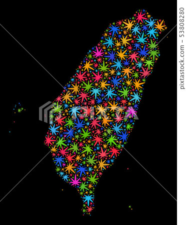 Mosaic Taiwan Map of Bright Marijuana Leaves 53808280