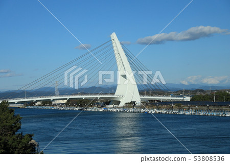 Car window scenery from Tokaido Shinkansen Lake Hamana Sun Marine Bridge 53808536