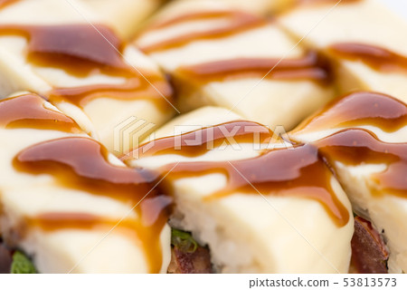 Japanese food restaurant, sushi maki gunkan roll plate or platter set. Sushi set and composition Japanese food restaurant, sushi maki gunkan roll plate or platter set. Sushi set and composition 53813573