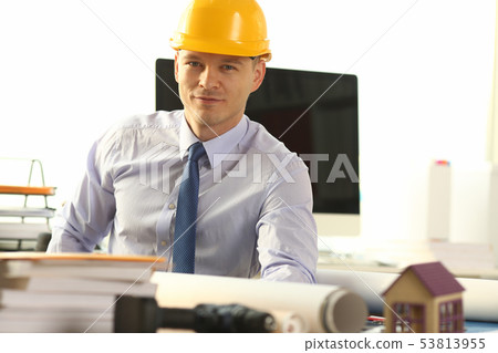 Young Civil Builder Working on Building Sketch Young Civil Builder Working on Building Sketch 53813955