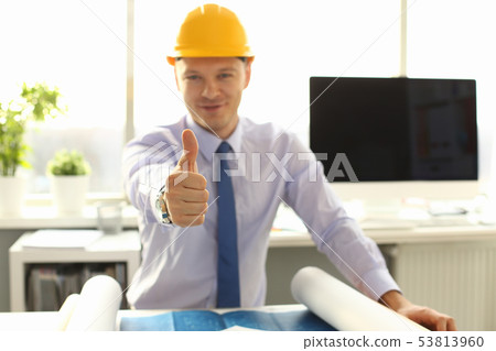 Male Architect Worker Thumb Up in Office Workplace Male Architect Worker Thumb Up in Office Workplace 53813960