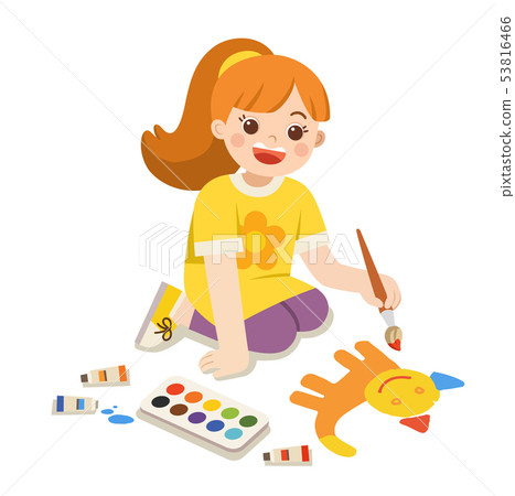 Happy Girl paints pictures on floor. 53816466