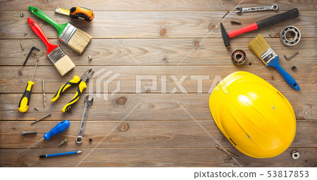 set of tools and instruments at wooden background set of tools and instruments at wooden background 53817853