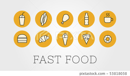Set of outline illustration or icons for a fast food restaurant on a dark background. Burger Set of outline illustration or icons for a fast food restaurant on a dark background. Burger 53818038
