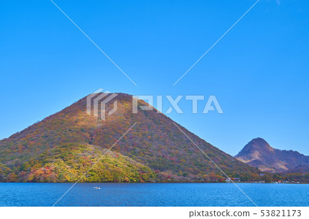 Looking at Haruna Fuji and Soma mountain areas from the shore of Haruna lake in autumn 53821173