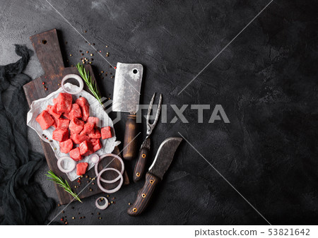 Raw lean diced casserole beef pork steak Raw lean diced casserole beef pork steak 53821642