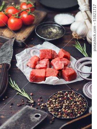 Raw lean diced casserole beef pork steak 53821717