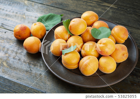 Delicious ripe apricots in a plate on the table Delicious ripe apricots in a plate on the table 53825055