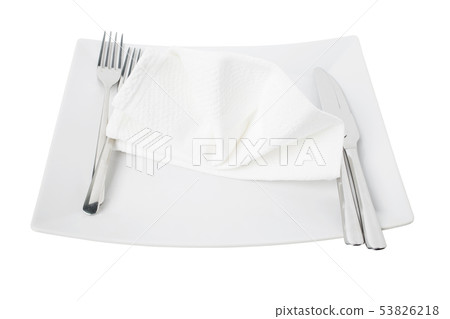 Empty white plate and cotton white napkin. 53826218