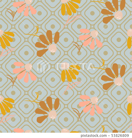 Flower pattern in pastel colors on geometric line style grid background. Flower pattern in pastel colors on geometric line style grid background. 53826809
