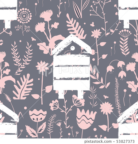 Vector nature seamless background with hand drawn wild herbs, flowers and leaves. Doodle style 53827373
