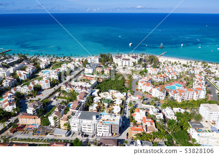 Aerial view with caribbean city on the beach Aerial view with caribbean city on the beach 53828106