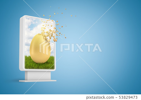 3d rendering of digital infodisplay with golden egg dissolving in particles on screen on blue 53829473