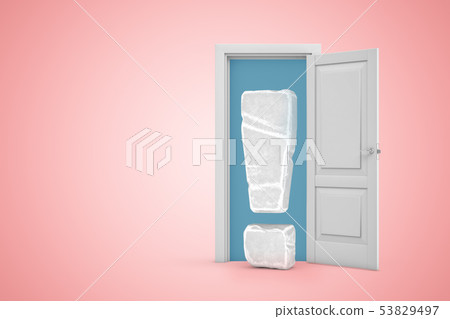 3d rendering of open door on gradient pink background and big exclamation mark made of stone 53829497