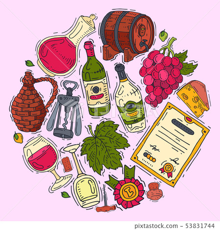Wine taste club round pattern vector illustrations glass wine grape bottle. Tasting events menu 53831744