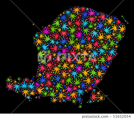 Mosaic Lombok Island Map of Multi-Colored Cannabis Leaves 53832054