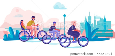 Family riding bicycles in park. Parents and children holiday trip, trendy cartoon characters doing 53832891