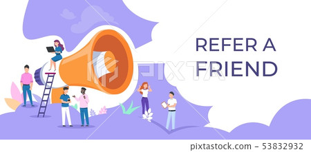 Refer a friend. People group with megaphone, attracting audience concept, team work business poster 53832932