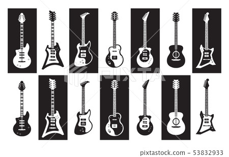 Guitars. Black and white electric and acoustic rock guitars of different types. Vector minimalist 53832933