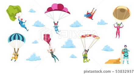 Cartoon skydivers. Sky jump with parachute and paraglider, extreme danger skydive falling. Vector 53832937