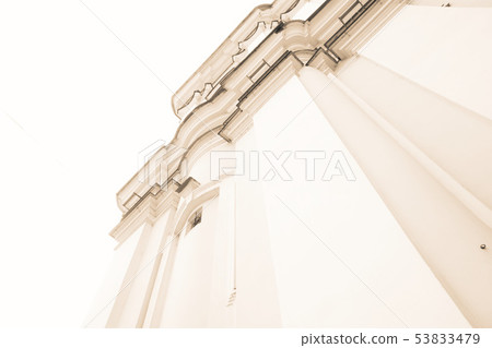 Orthodox church wall low angle view, vintage photo 53833479