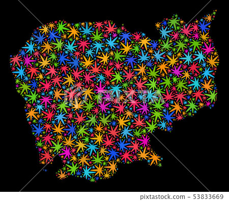 Mosaic Cambodia Map of Colorful Cannabis Leaves 53833669
