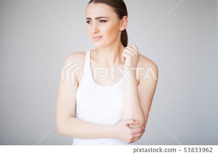 Arms Pain. Beautiful Woman Body Feeling Pain In Shoulders Arms Pain. Beautiful Woman Body Feeling Pain In Shoulders 53833962