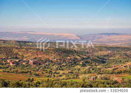 View over villages of Tizi N'Tichka pass in the Atlas mountains, Morocco 53834038